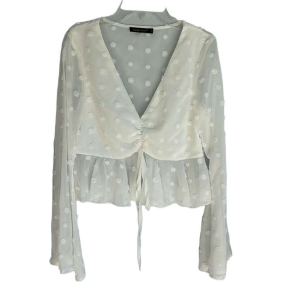 Double Crazy Sheer White Crop Top with Puffy Polka Dots and Bell Sleeves Size S